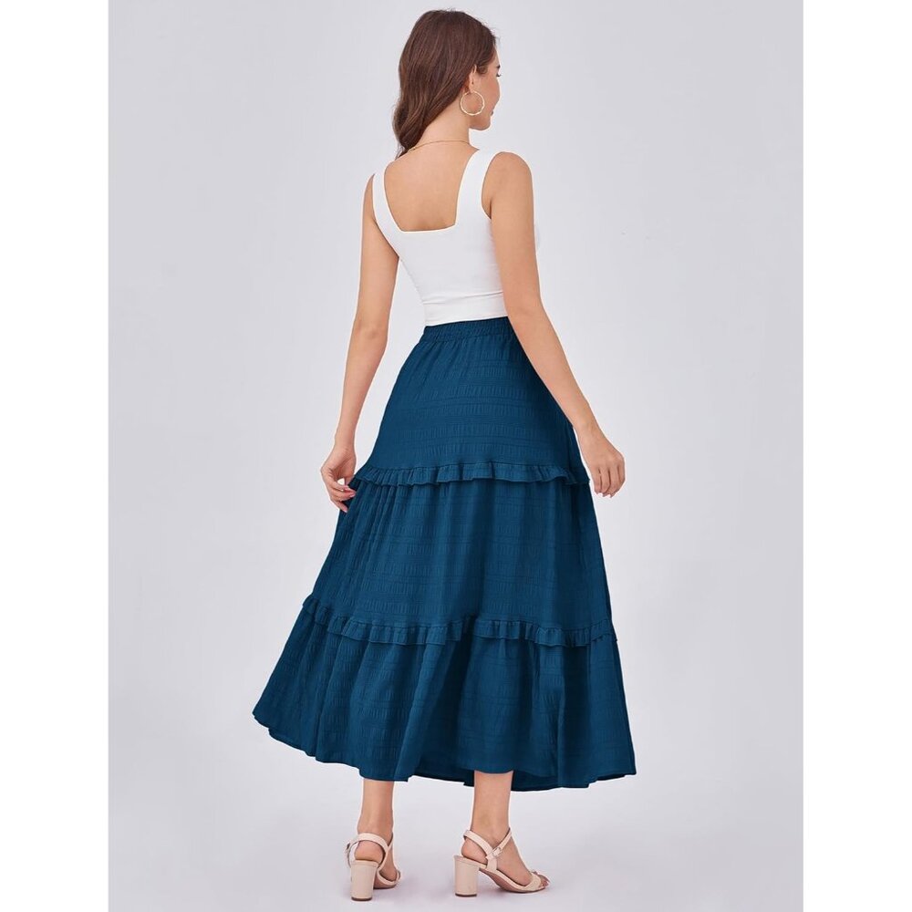 Women Sapphire Casual Elegant A Line Flowy Ruffle Tiered Long Pockets Maxi Skirt - Picture 4 of 5